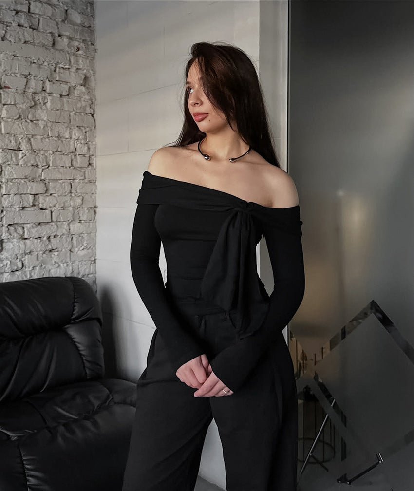 Intellectual off Neck Lace up Bow Long Sleeved Fitted T shirt Women Sexy Cold Shoulder Elegant Office All Matching Top