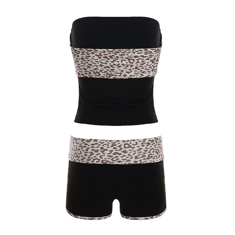 Sexy Women Wear Leopard Splicing Casual Tube Top Shorts Set Slimming Top Hip Boxer Shorts Two Piece Set