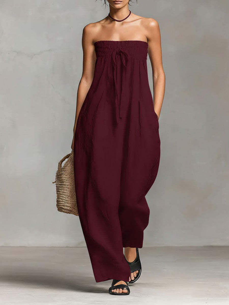 Women Spring Clothing Lace up Tube Top Smocking Jumpsuit Strapless