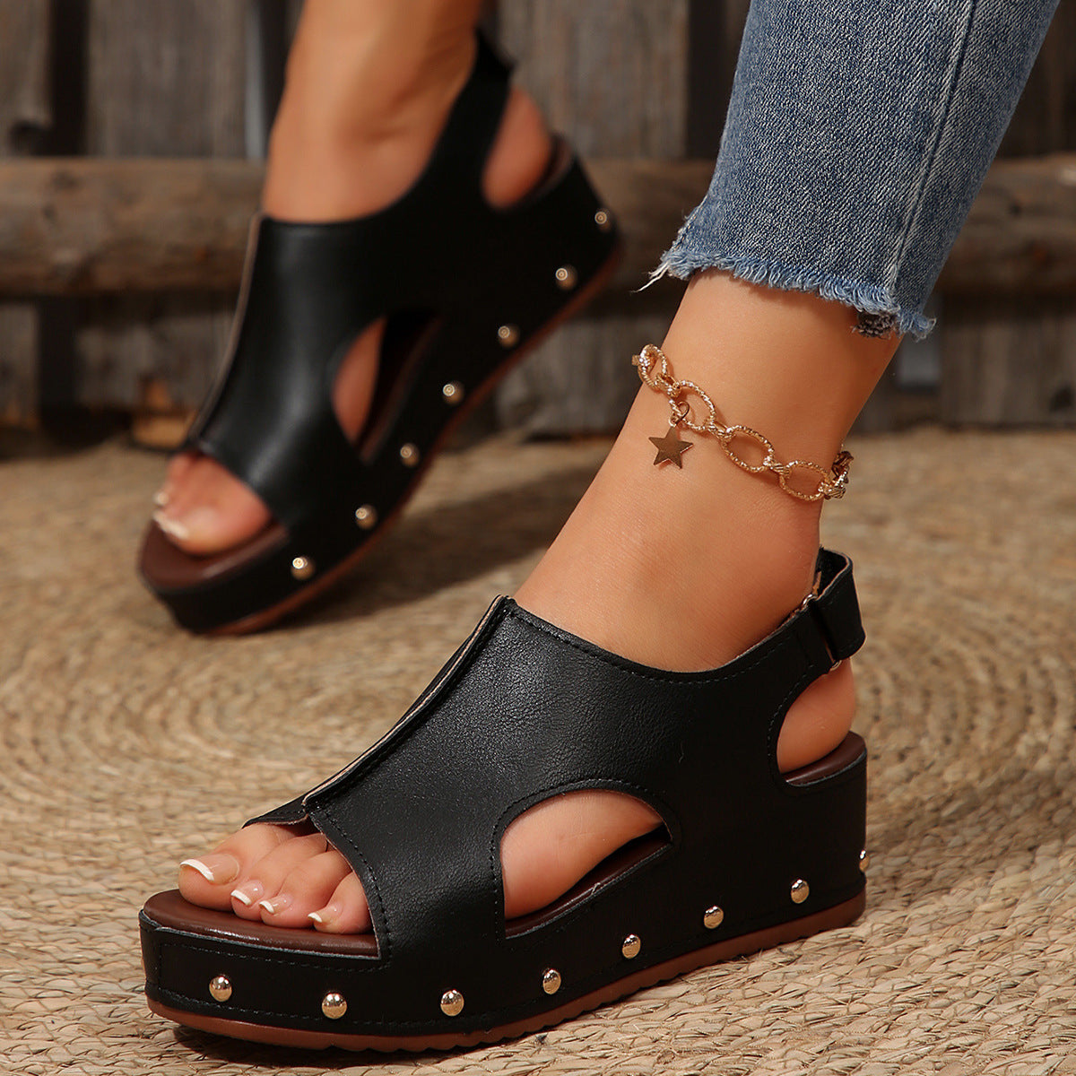 Platform Hollow Out Cutout Peep Toe Sandals Women plus Size Rivet Velcro Wedge Beach Sandals