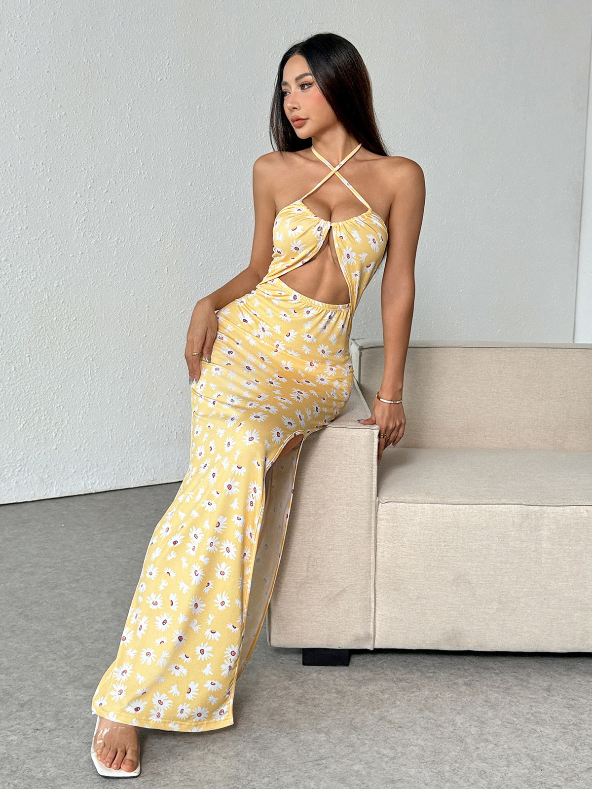 Women Clothing Spring Summer Sling High Slit Little Daisy Printed Slim Fit Gentle Dress