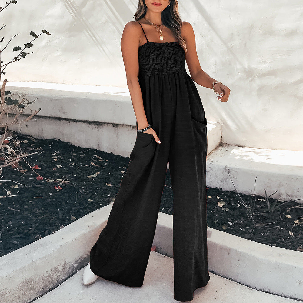 Women Clothing Solid Color Sling Pleating Casual Office High Waist Jumpsuit