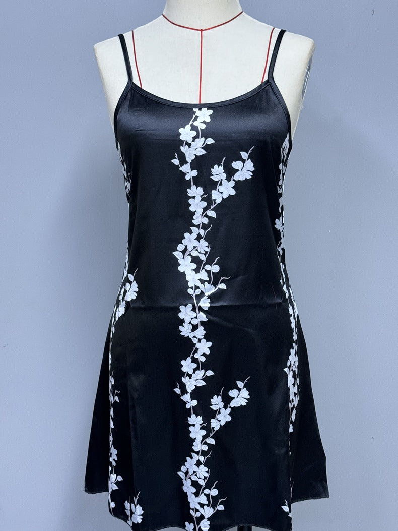 Women Ice Silk Strap Night Dress Sexy Backless Pajamas Women Thin Breathable Printed Suspender Dress