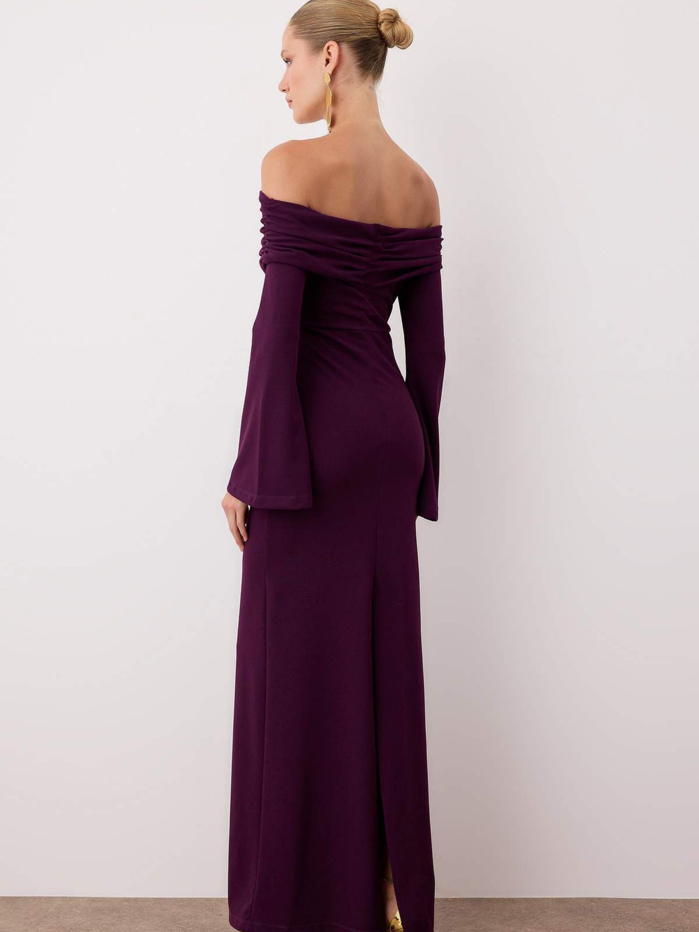 Maxi Dress Women Sexy Solid Color off Shoulder Pleated Long Sleeve Autumn Dress Women