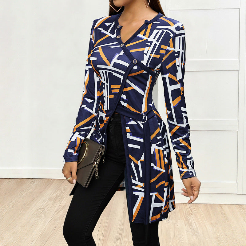 Geometric Abstract Printing Long T shirt V neck Slim Fit Slit Top Women Clothing