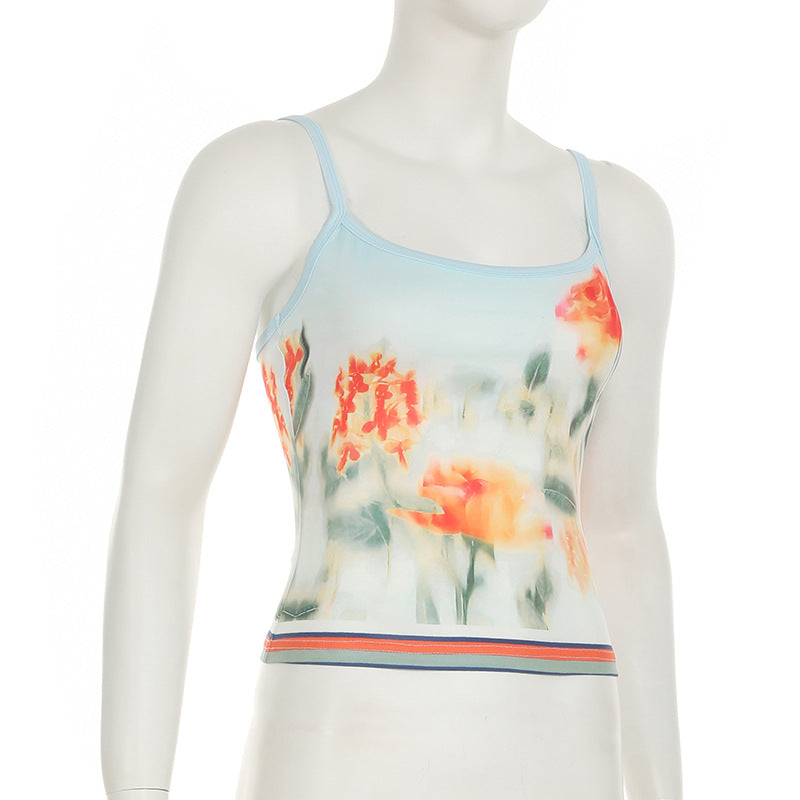 Vacation Skirt Two Piece Retro Sunset Tie Dye Printed Tube Top Dress Sling Mid Length Skirt Set