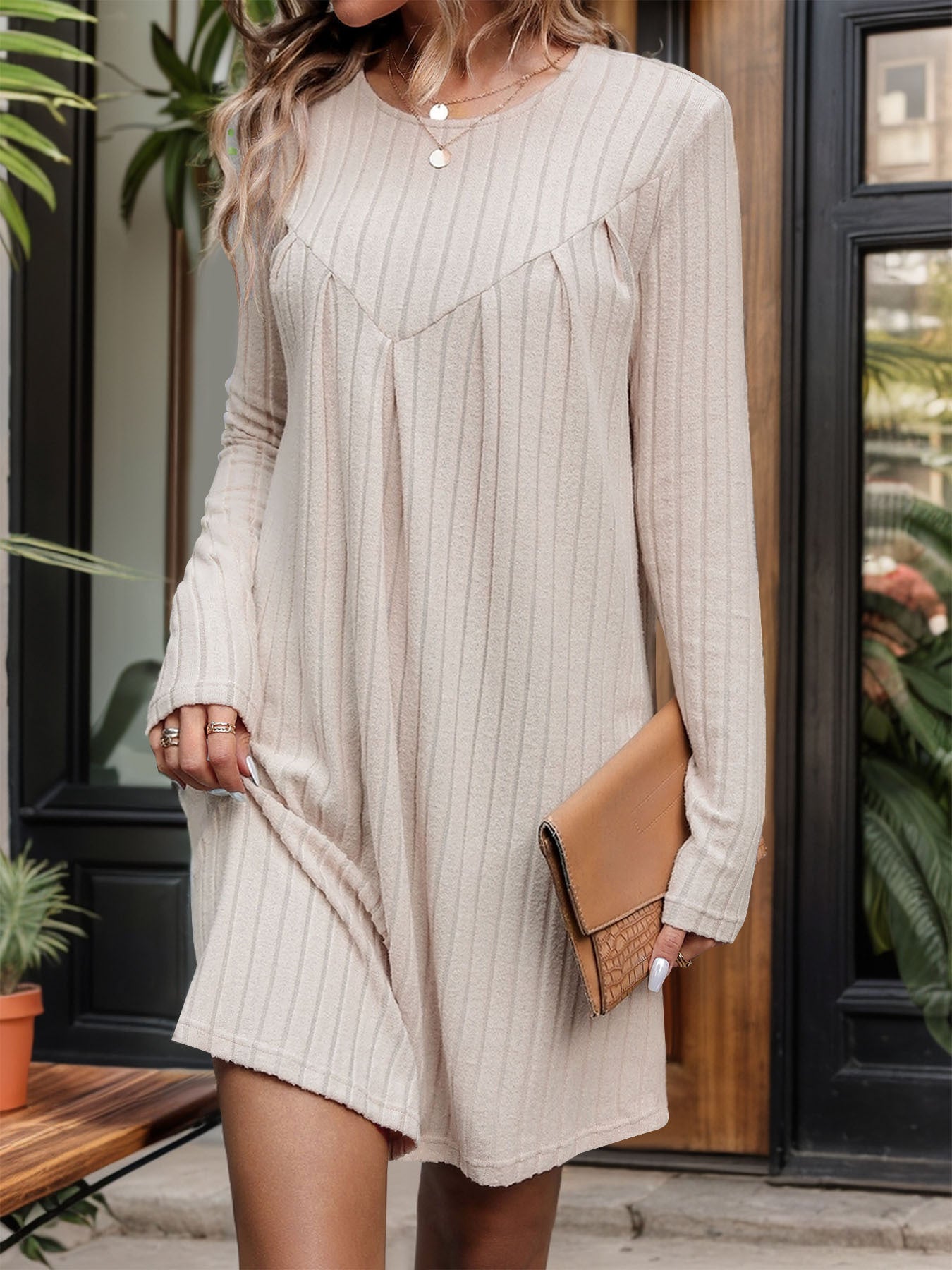 Autumn Winter Brushed Sunken Stripe Knitted Dress Long Sleeve Dress Pleating Stitching Dress