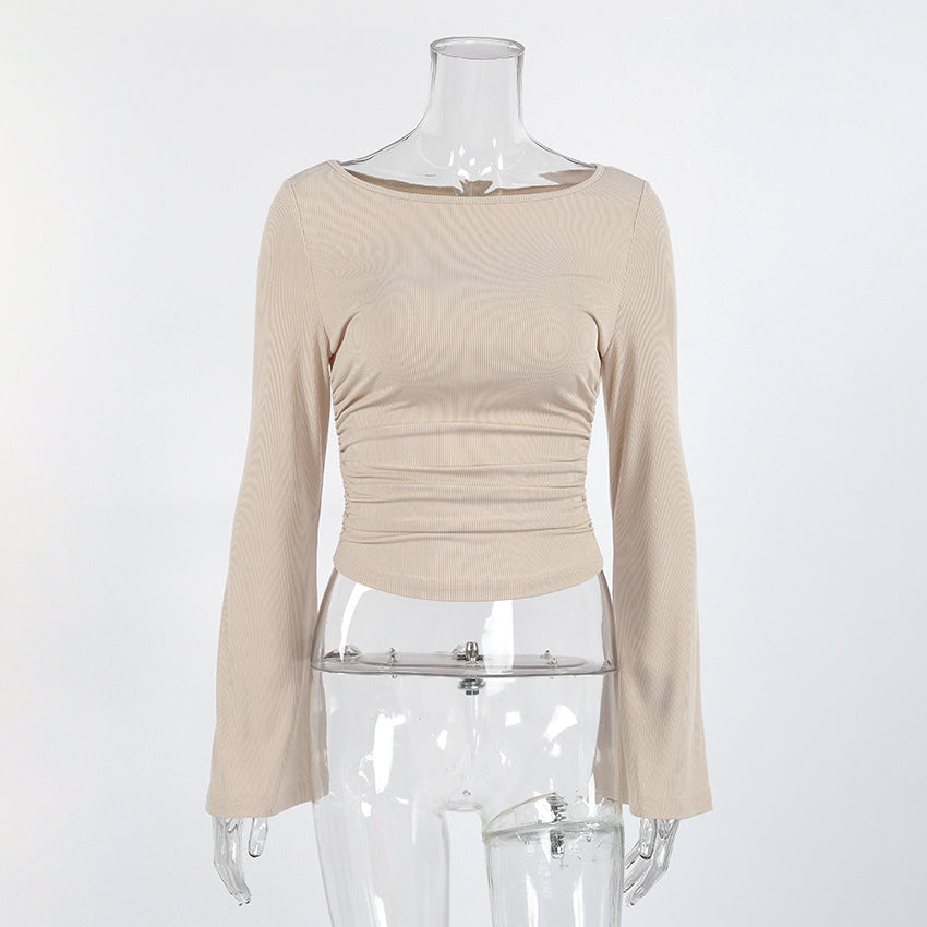 Design Solid Color Slim Fit Pleated round Neck Bell Sleeve Top for Women Spring Undershirt