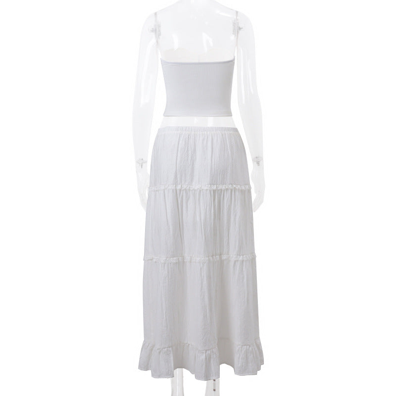 Fashionable French Sweet Sexy Two Piece Suit Summer Women Off Shoulder Tube Top Skirt No Belt
