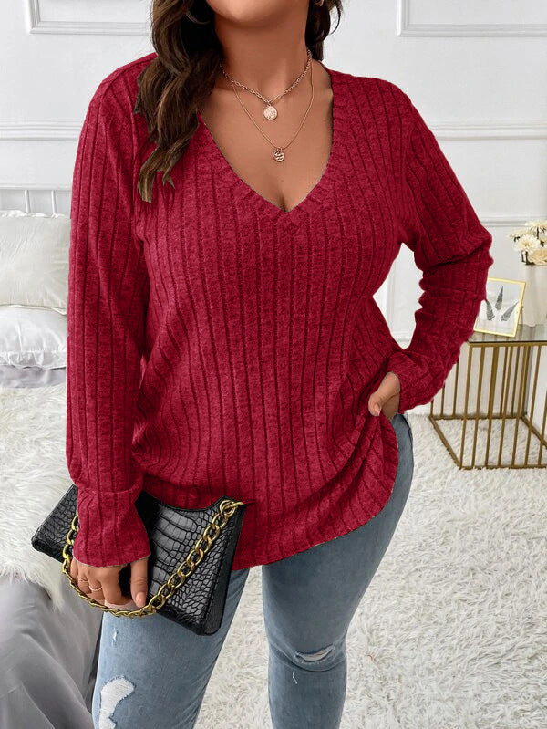 Autumn Winter Solid Color plus Size Women Clothes Top V neck Long Sleeve Sunken Stripe Brushed T shirt Loose Pullover