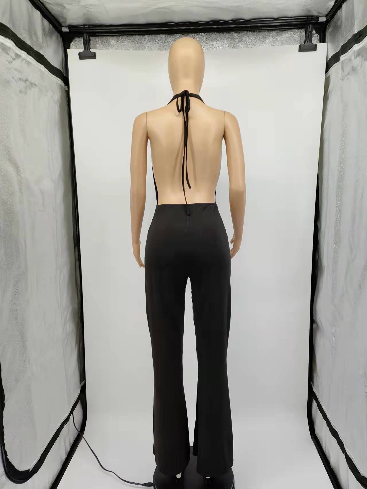Summer Sexy Women Clothing Deep V Plunge Halter Backless Waist Wide Leg Jumpsuit
