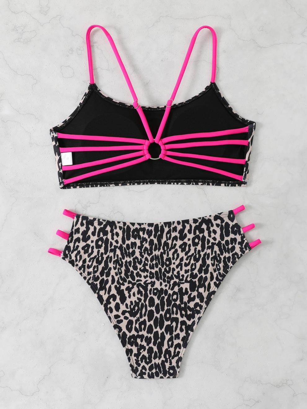 Split Swimsuit Leopard Print Simple Bikini Women Sexy Beach Swimsuit with Chest Pad