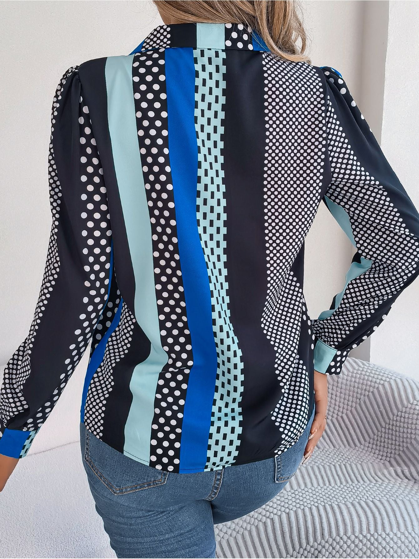 Autumn Winter Commuting Elegant Contrast Color Polka Dot Collar Long Sleeve Shirt Women Clothing