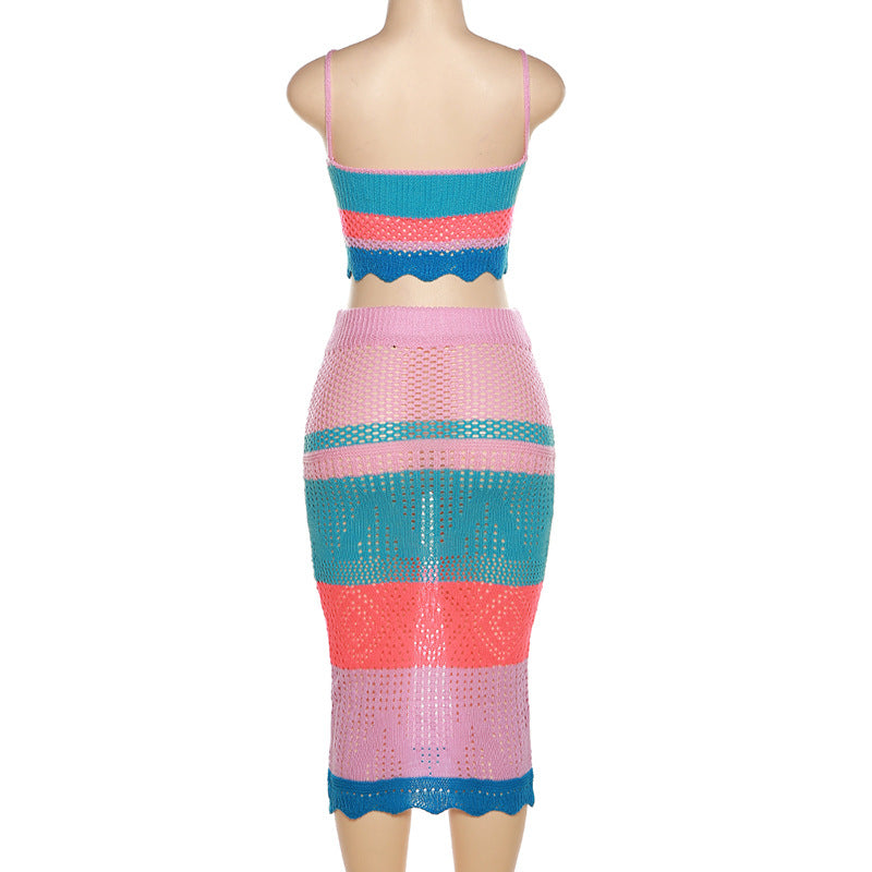 Women Clothing Autumn V Neck Sling Vest Elegant Slim Knitted Skirt Set