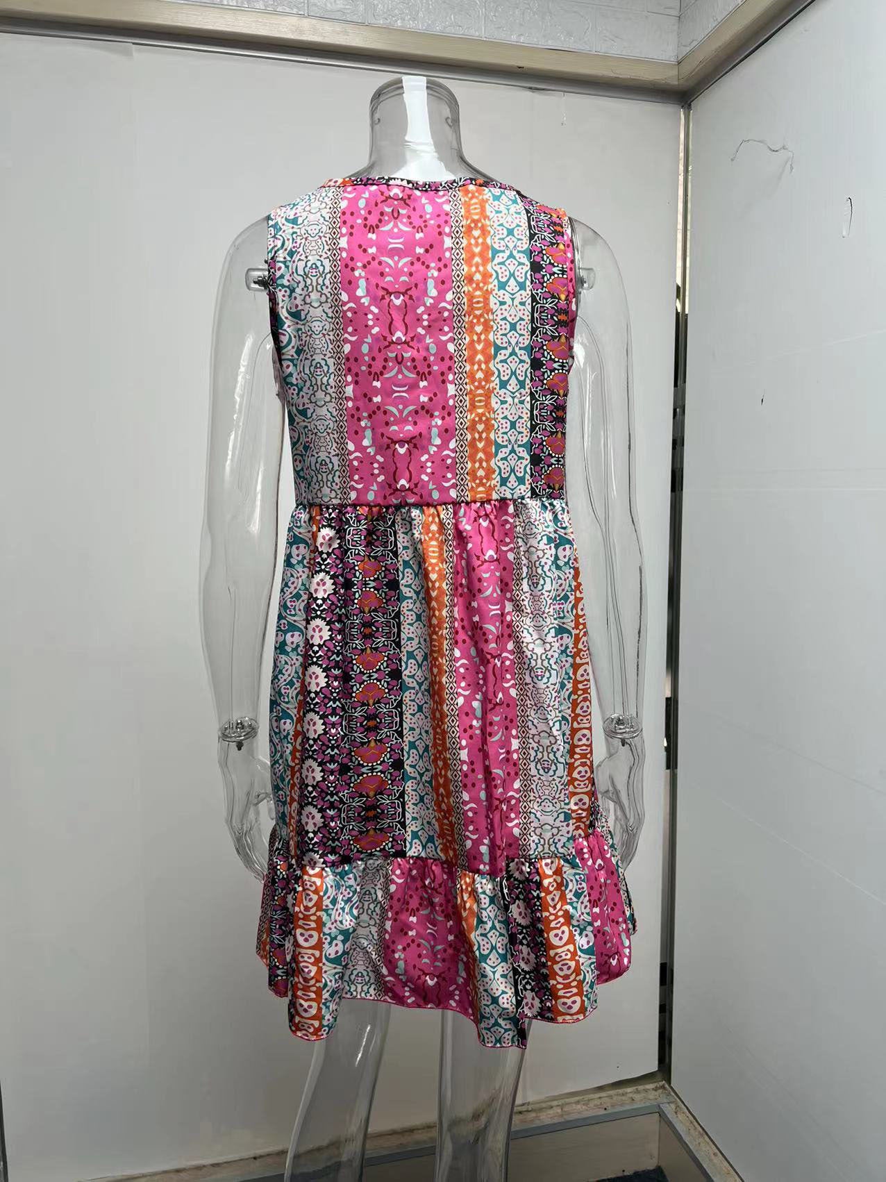 Summer Floral Patchwork Ruffled V Neck Sleeveless Mini Dress