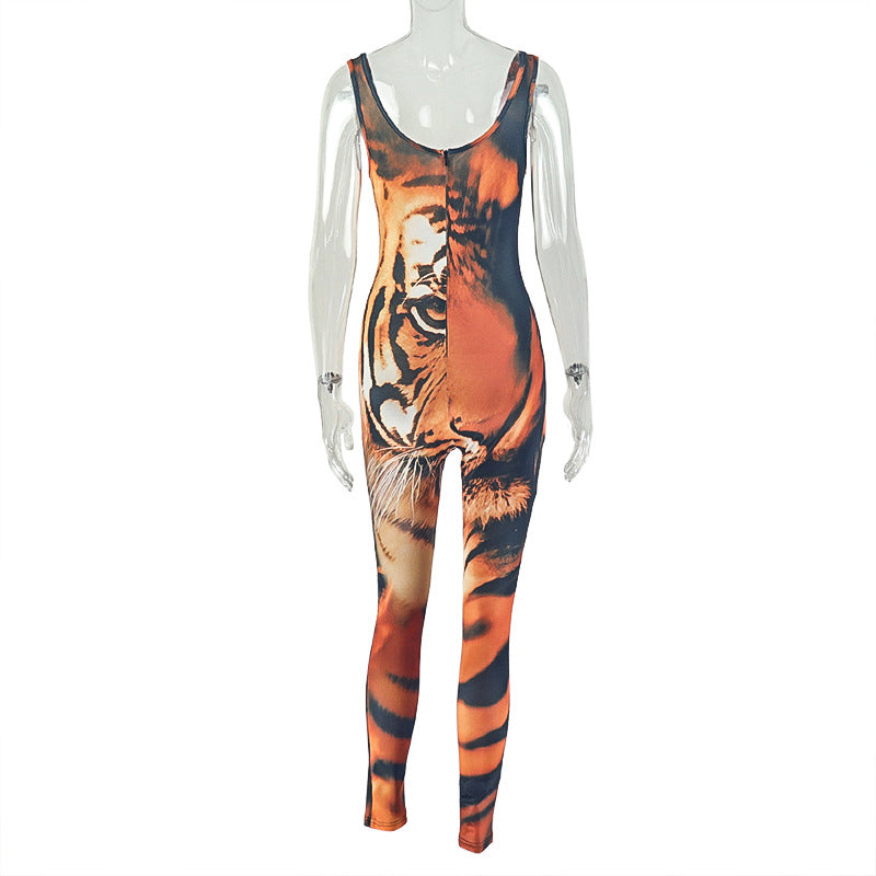 Personality Women's Printed Wear Street Niche Strap Jumpsuit Bandeau Sexy Tiger Pattern Long Jumpsuit