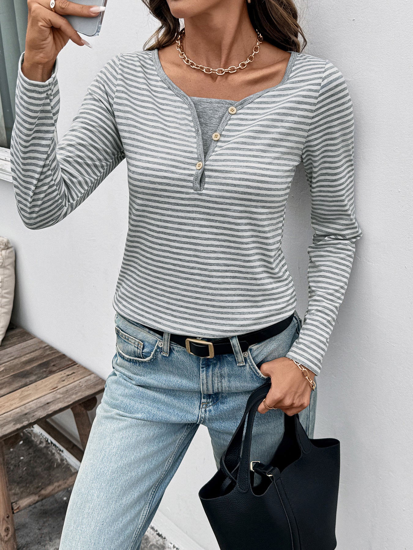 Autumn Casual Simple Top Long Sleeve Faux Two Piece Small V neck Striped T shirt Women