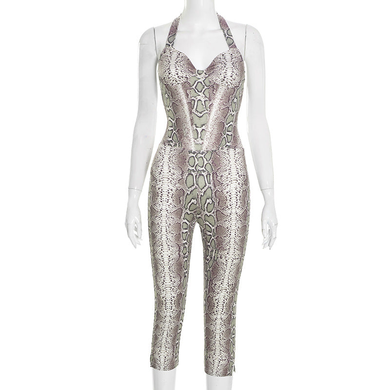 Women Clothing Autumn Winter Elegant Sexy Sleeveless Snake Print Sling Slim Fit Long Conjoined Trousers