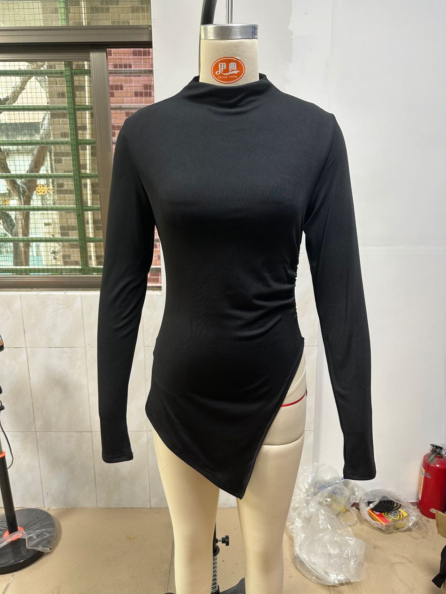 Spring Autumn Solid Color Irregular Asymmetric Split Long Sleeve T shirt Half Turtleneck Slim Fit Pullover Bottoming