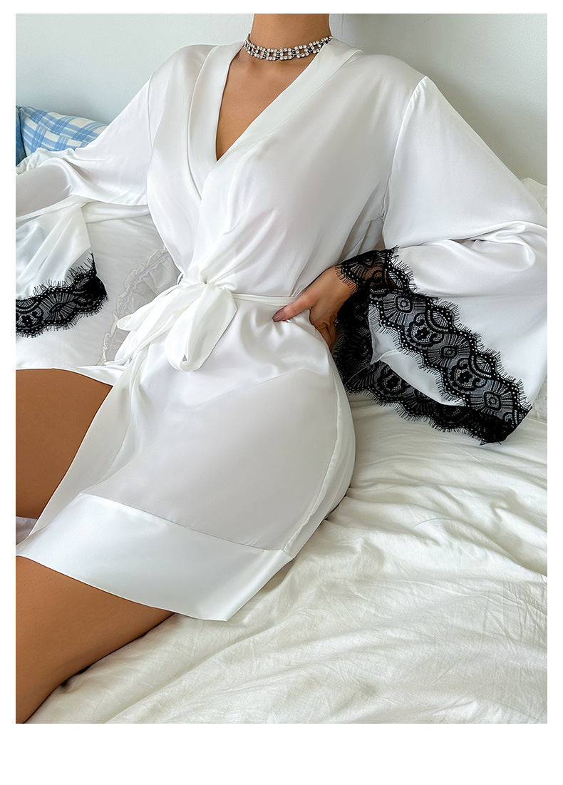 Sexy Nightgown Mid Length Bathrobe Sexy Sleepwear Women Long Sleeve Backless Women Satin Homewear