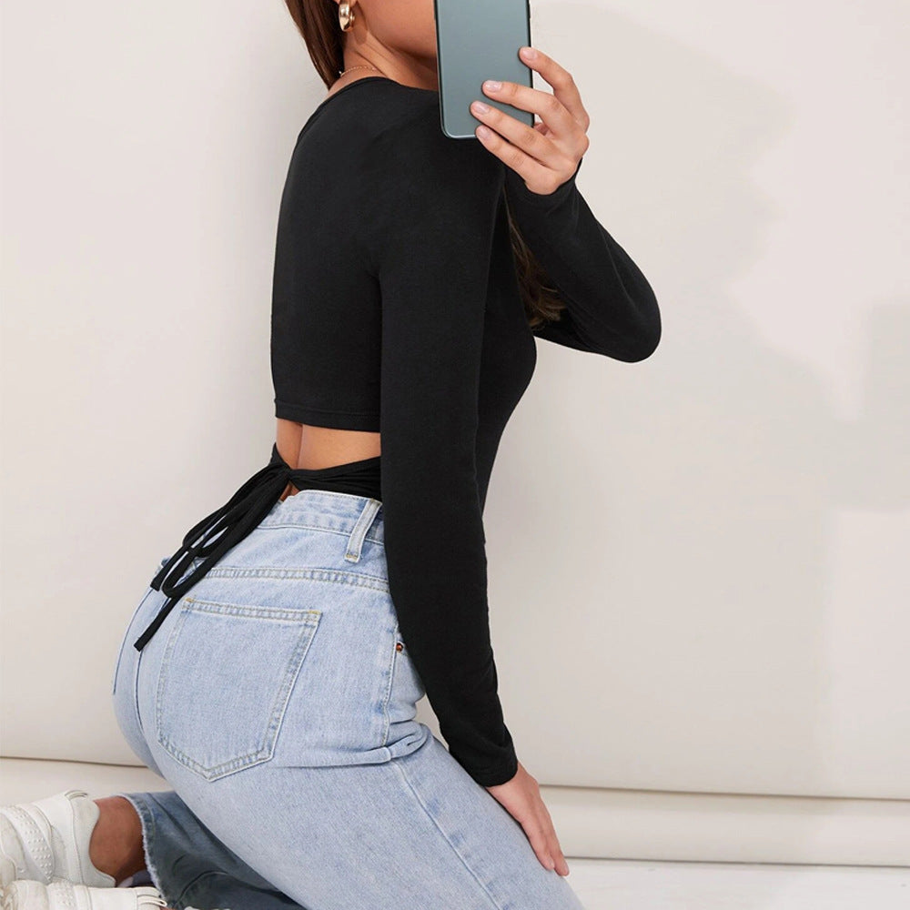 Autumn Winter Women Short Slim Fit High Elastic Long Sleeved T shirt Top