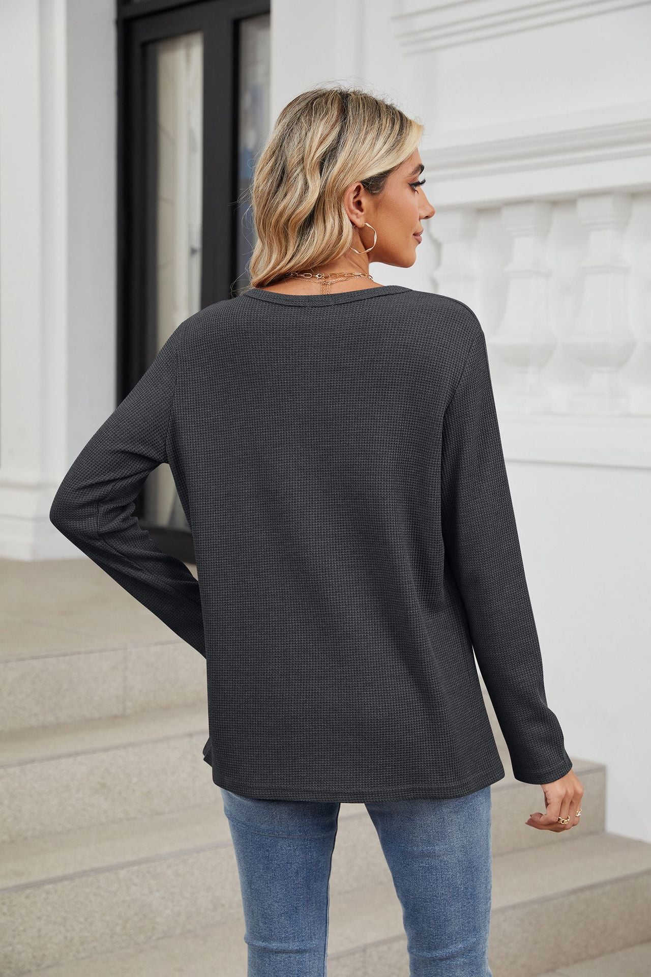 Spring Autumn Loose Fitting V Neck Long Sleeves Solid Color Casual T Shirt Top Women