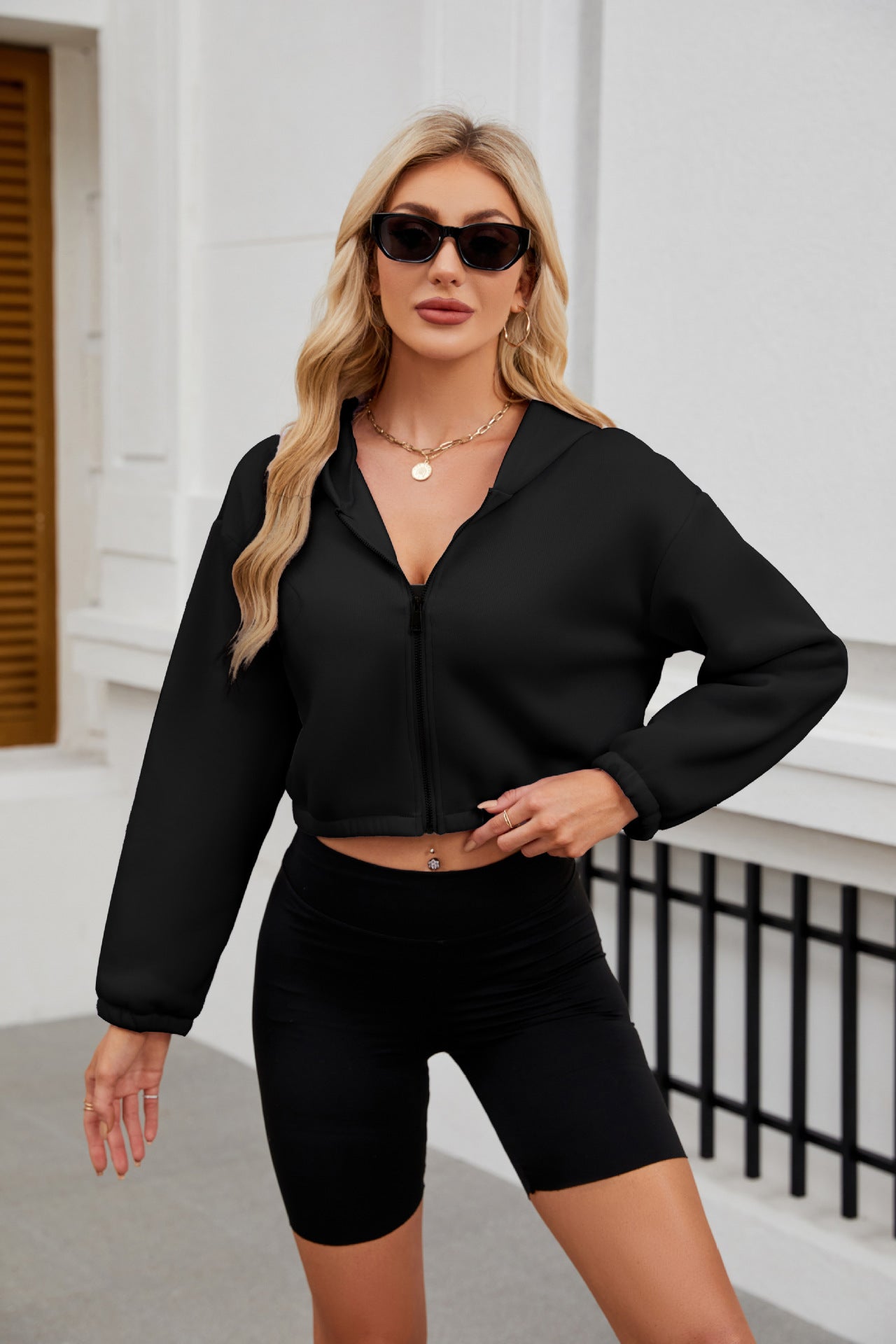 Autumn Winter Zipper Hooded Drawstring Solid Color Short Long Sleeve Sweatshirt Women