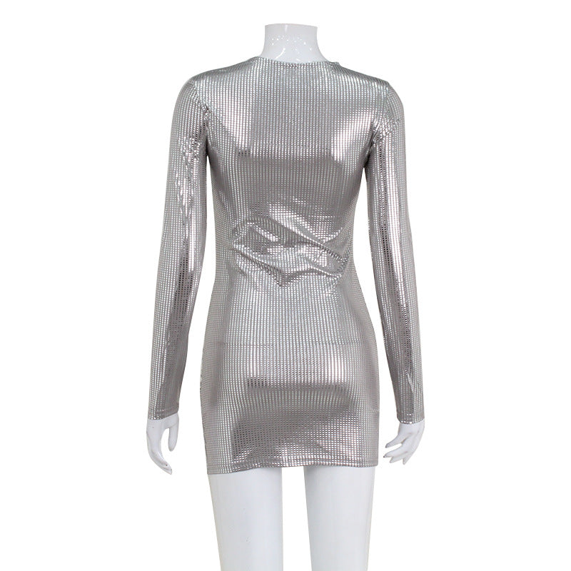Women Clothing Sexy Round Neck Long Sleeve Sequ Dress Irregular Asymmetric Dress Sheath Short Dress Women