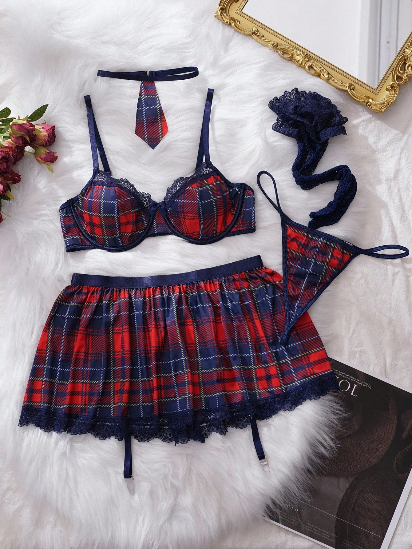 Sexy Plaid Sexy Lingerie Uniform Seduction Sexy Short Skirt Student Push up Two Piece Sets Supply