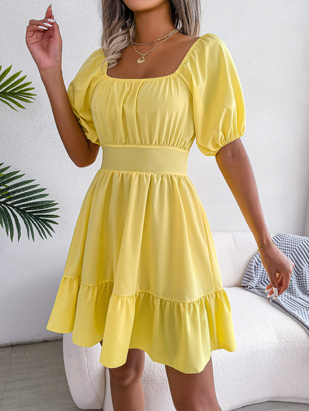 Spring Summer New Casual Square Collar Backless Tied Lotus Leaf Large Swing Dress Women Clothing Tiered Dress