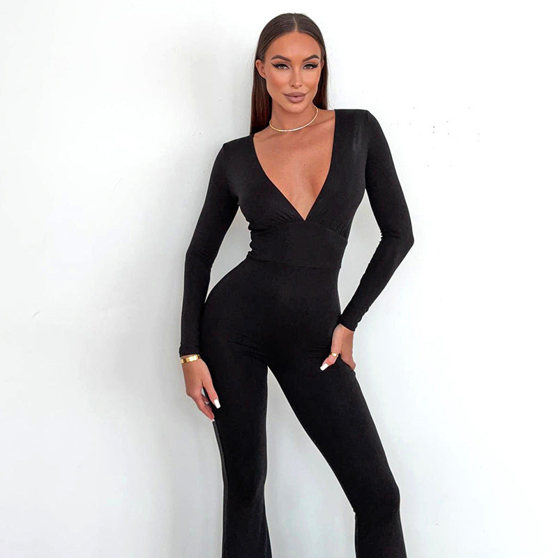 Women Autumn Solid Color Elegant Slim Deep V Plunge Long Sleeve Horn Long Conjoined Trousers
