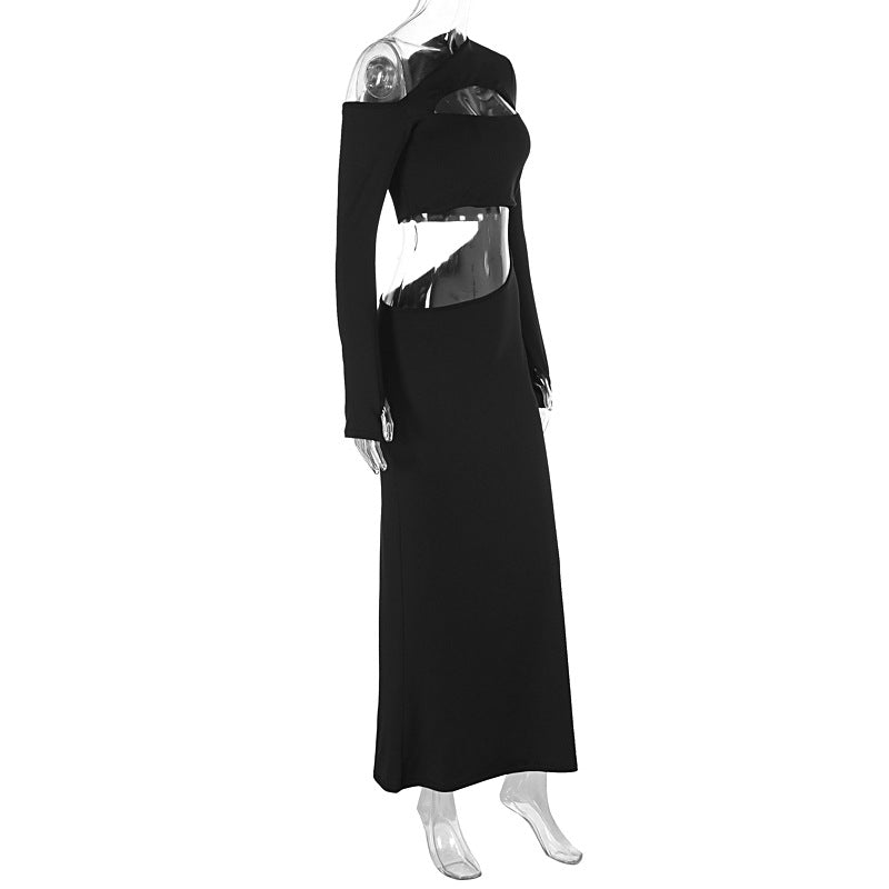 Women Clothing Sexy Hollow Out Cutout Solid Color Diagonal Collar Long Sleeve Dress
