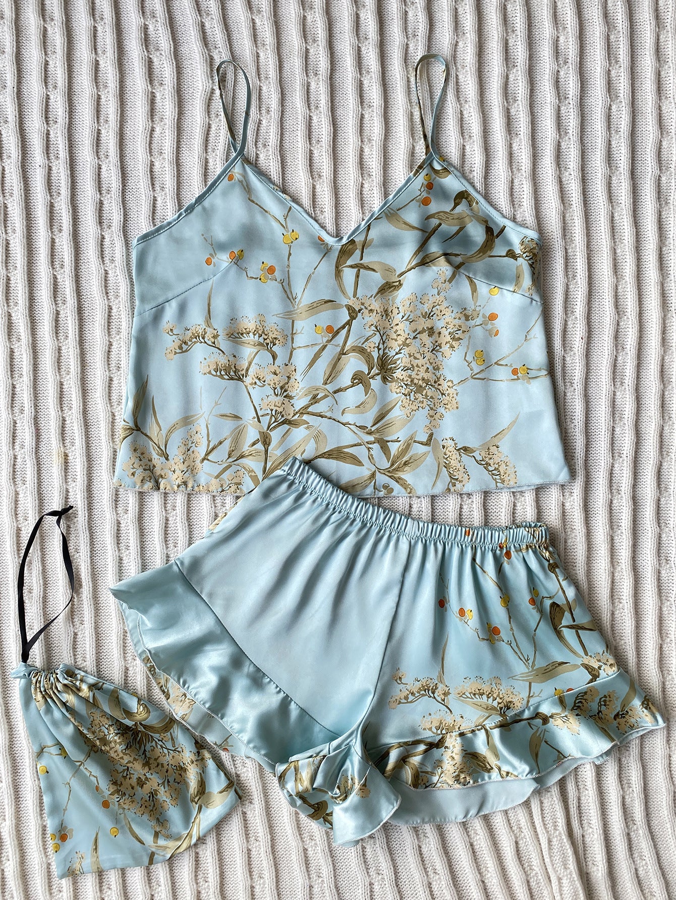 Spring Summer Imitated Silk Pajamas Two-Piece Printed Shorts Home Wear Suit Sexy Sling Dress