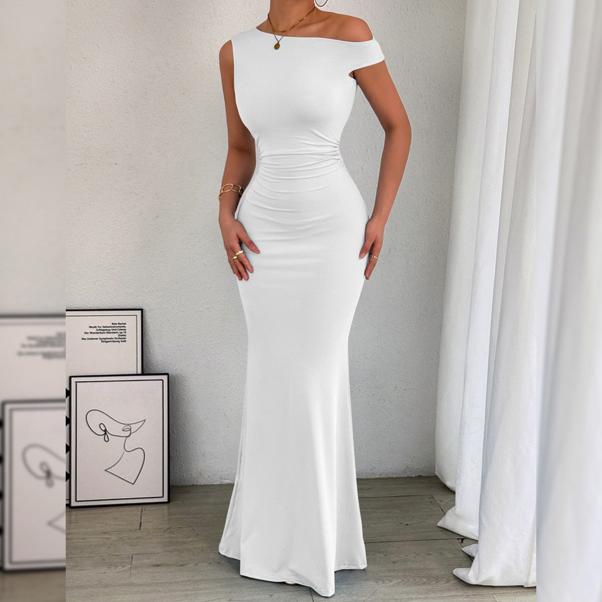 Women Fishtail Dress Slant Shoulder Collar Waist Pleated Sleeveless Sexy Dress