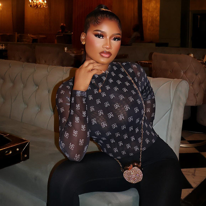 Women Clothing Stitching Micro Transparent Sexy Print Jumpsuit Skinny Sheath Slim Fit Long Sleeve Round Neck Jumpsuit
