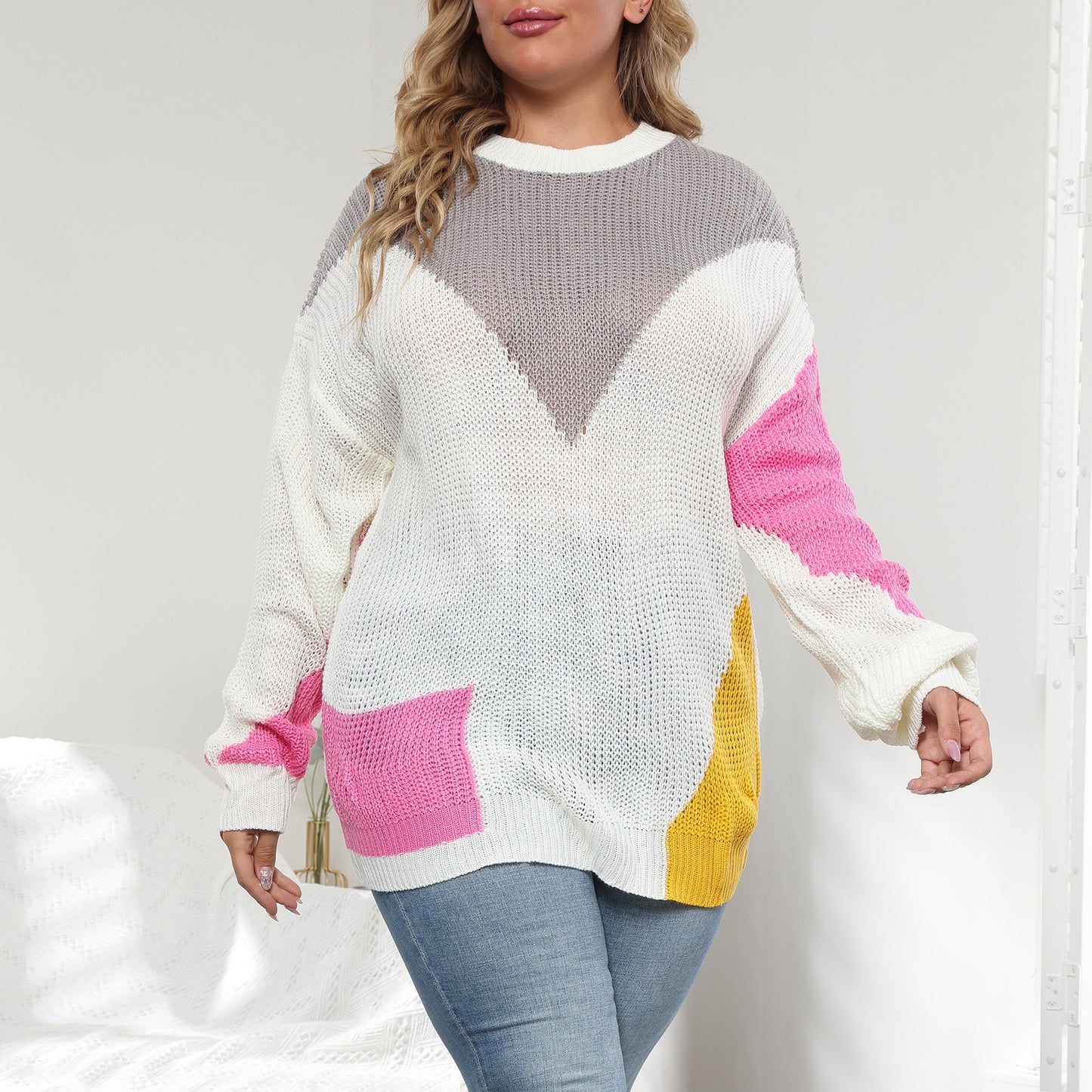 Plus Size Women Clothes Color Contrast Patchwork Loose Casual Pullover Sweater