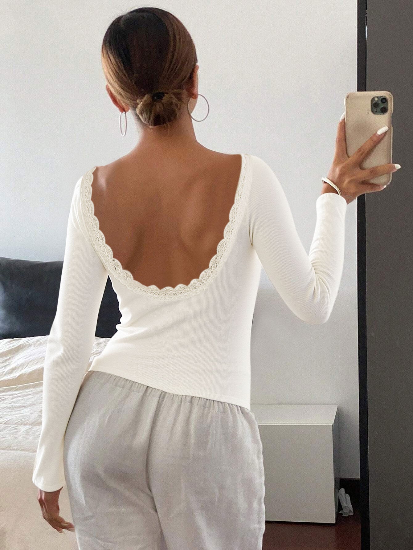 Stitching Lace Sunken Stripe Sexy Sweet Spicy Backless Slim Long Sleeve Top