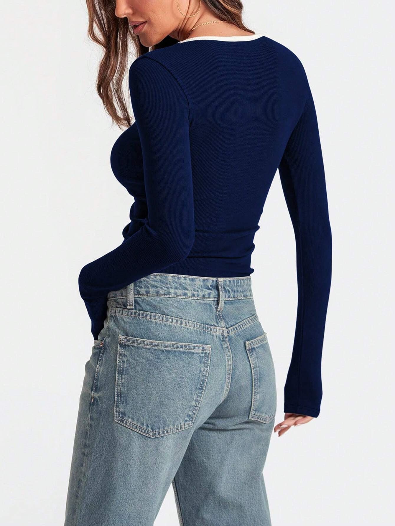 Square Collar Pullover Multicolor Solid Color Slim Fit Casual Long Sleeves Top Shirt