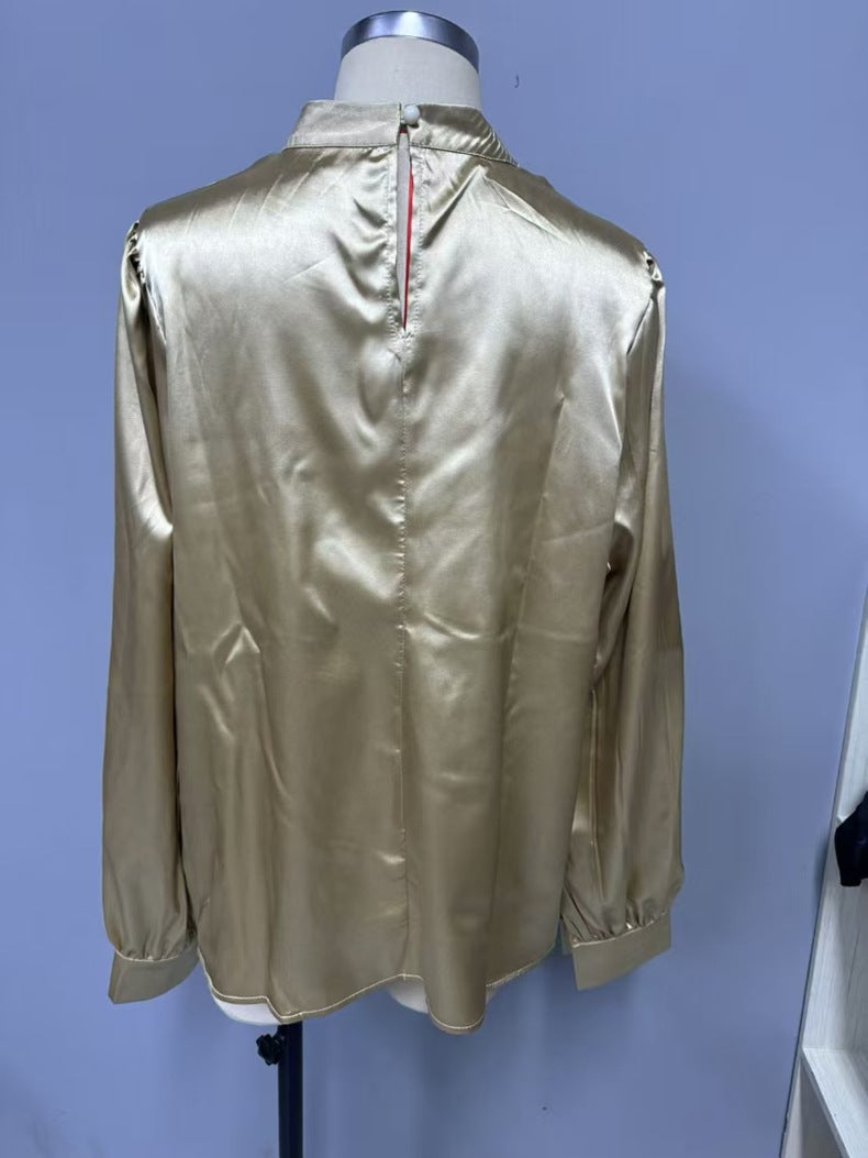 Stand-up Collar Puff Sleeve T shirt Women Satin All Match Long Sleeve Special Women Clothing