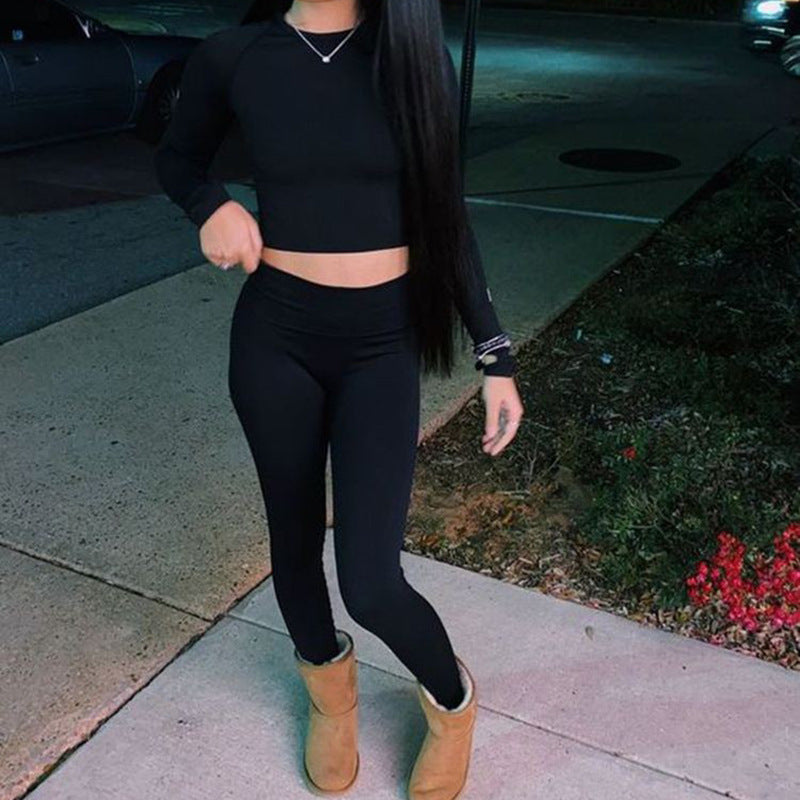 Women Clothing Autumn Simplicity round Neck Long Sleeve Top Low Waist Hip Wrapped Tight Trousers Two Piece Sets