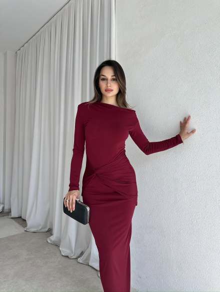 Fall Women Clothing Elegant Solid Color Long Sleeve Diagonal Collar Bow Ruffle Hip Dress