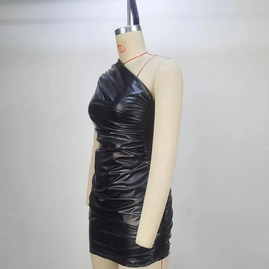 Women Clothing Summer Sleeveless Shoulder Pleated Waist Tight Sheath Dress