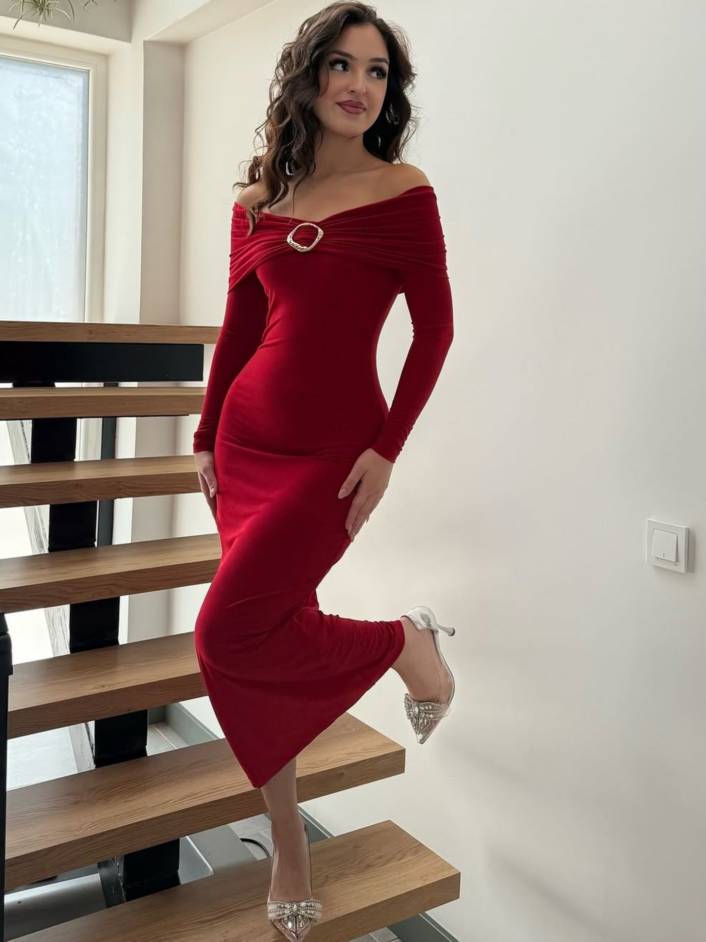 Women Clothing Fall Sexy Tube Top off Neck Solid Color Midi Dress