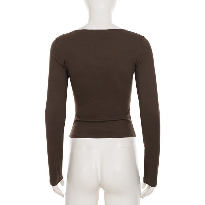 Retro Solid Color V neck Design Long Sleeve T shirt Women Irregular Asymmetric Pleated Slim Fit Slimming Top