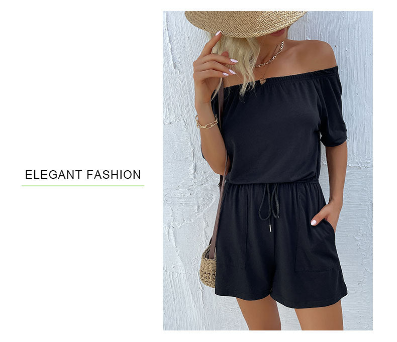 Women Wear Black Strapless Short Sleeve off Shoulder Jumpsuits