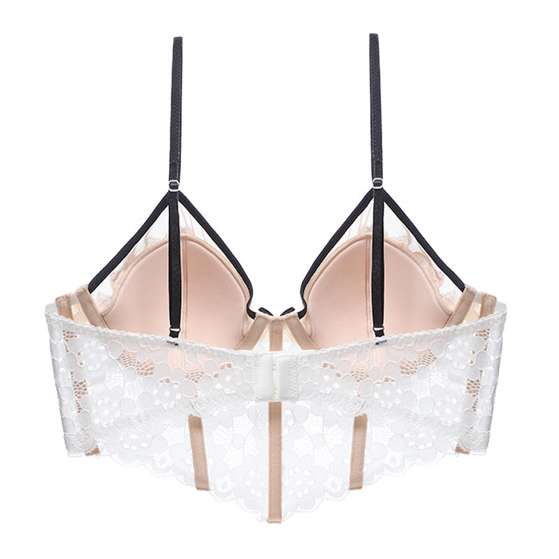 Sexy Underwear Thin Cup Braces Vest Bra Push up Crocheted Lace Long Bra Set