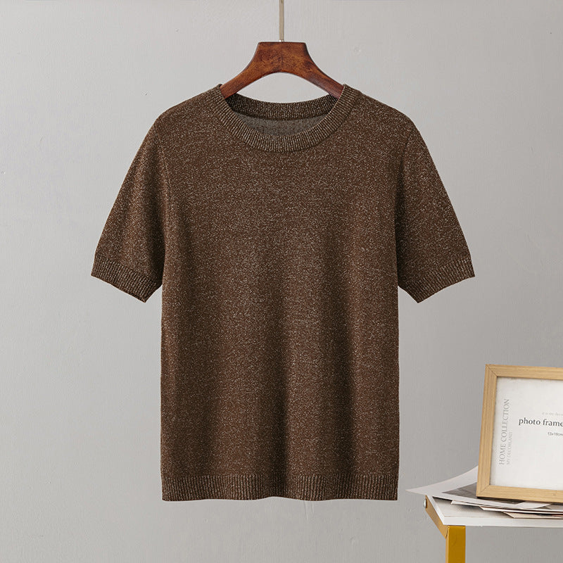Women Clothing Summer Bright Silk Slim Fit Slimming Short Sleeved Sweater Pullover Top T shirt Bottoming Shirt