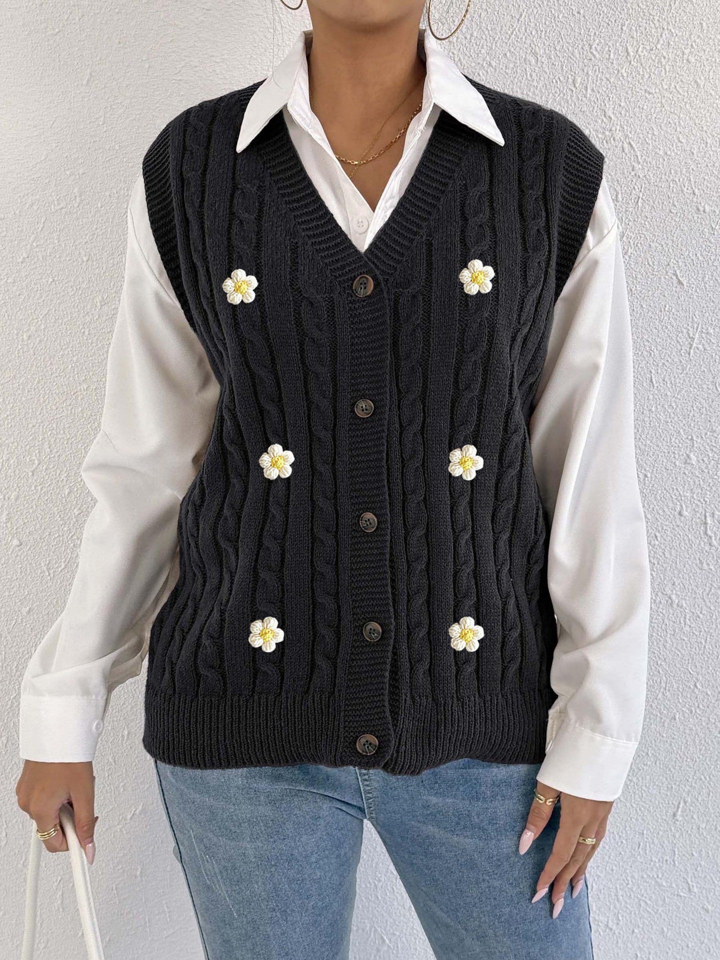 Women Knitted Cardigan Autumn Winter Women Clothing Casual Outerwear Vest Twist Woven Sweater Three Dimensional Floral Stitching Vest