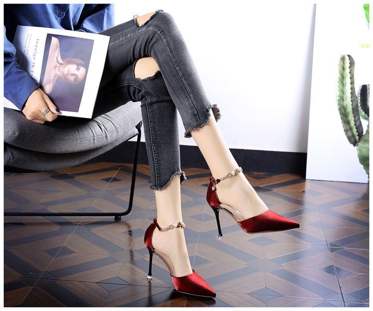 High Heels Spring French Joker Stiletto Internet Celebrity Pointed Toe Buckle Strap Red Sandals