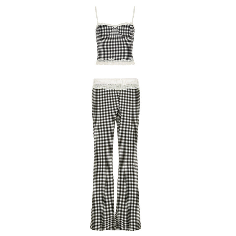 Spring Summer Women Clothing Plaid Stitching Lace Sling Bell Bottom Pants Street Two Piece Set